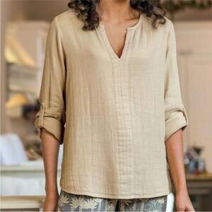 Soft Surroundings Beach Side Gauze Cotton Tunic Top Sz M Neutral Beige Tan Cream